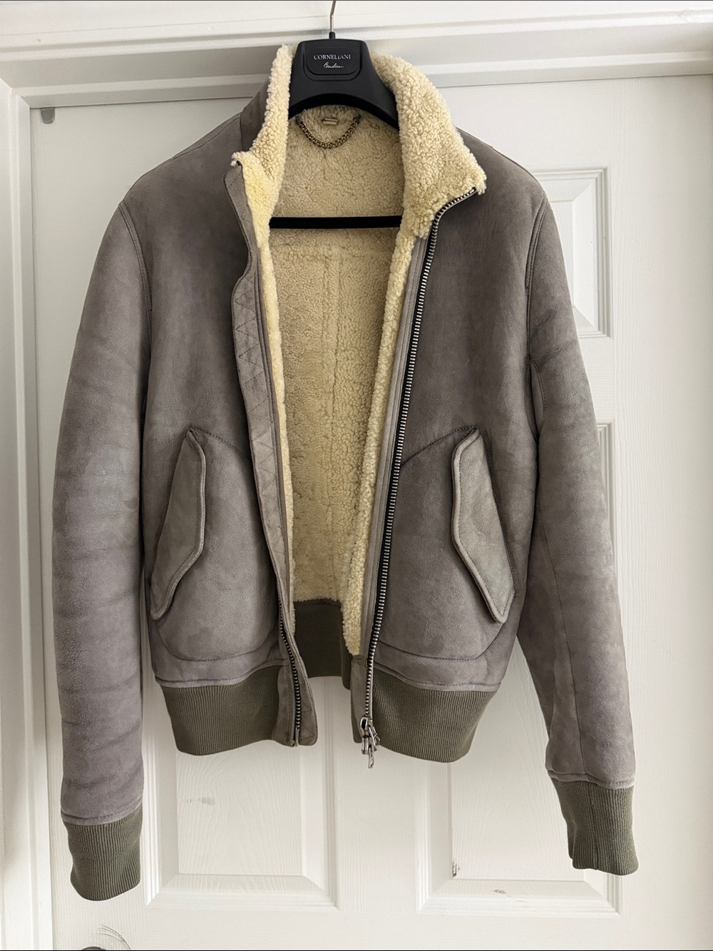 BURBERRY- Mens Grey Suede Bomber Jacket with Cream Shearling Lining - Size L